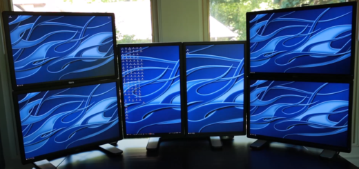 A computer arranged with six monitors.