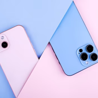 Two iPhone phones in pink and blue color