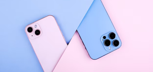 Two iPhone phones in pink and blue color