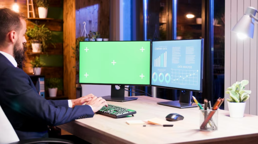 man sitting in office and working on two monitors one of them has the green screen